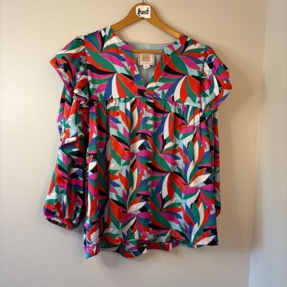 Emily McCarthy Colorful Ruffled Shoulders Bib Collar Flowy Long Sleeve Blouse Wo